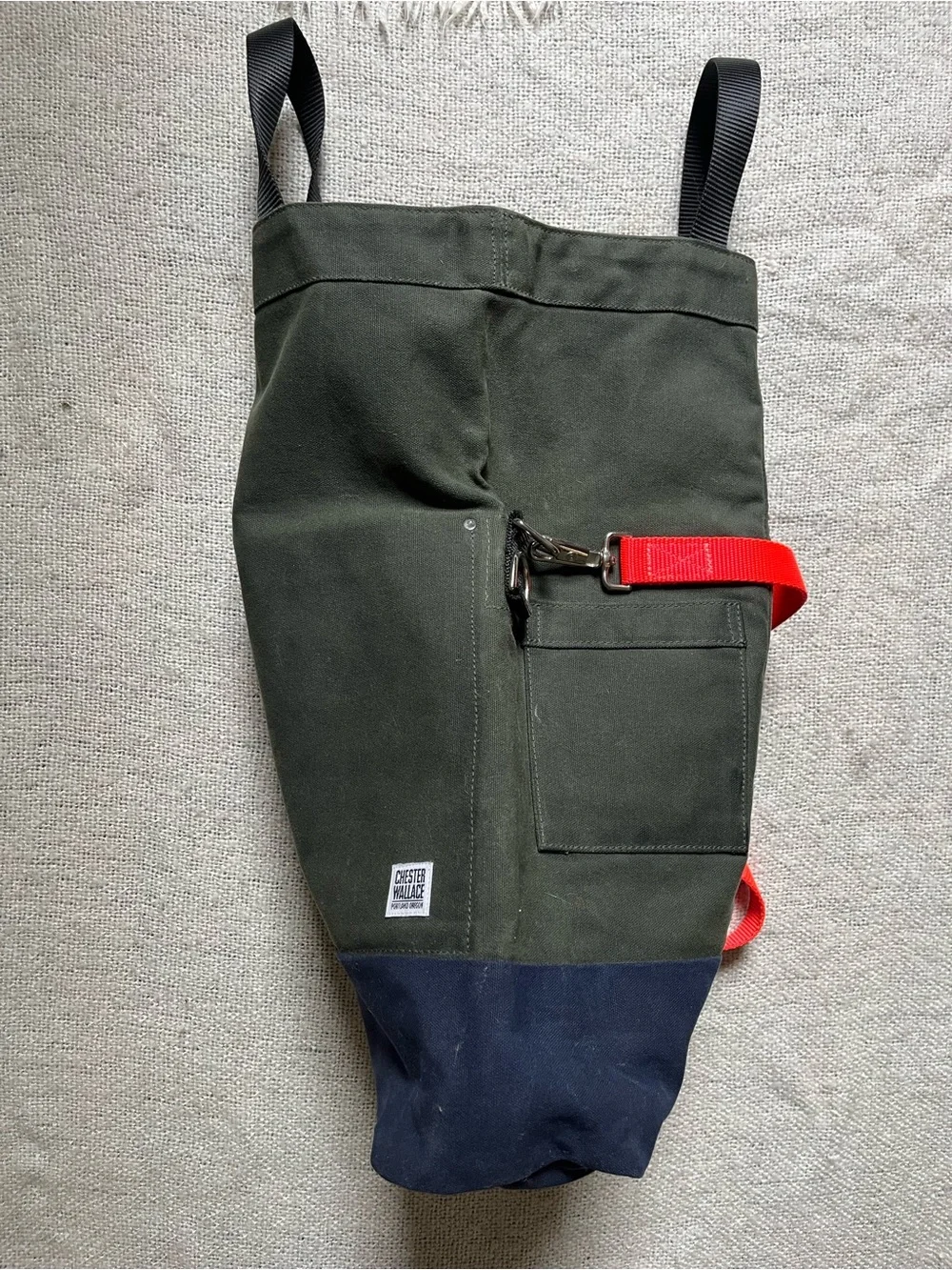 Chester Wallace Green Canvas Tote with Navy Base and Orange Strap
